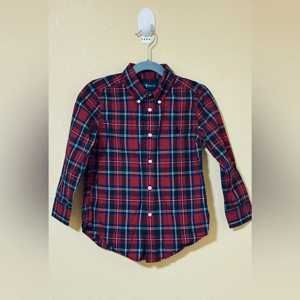 Ralph Lauren Boys  Shirt 4T Red Green Plaid Button Down Tartan